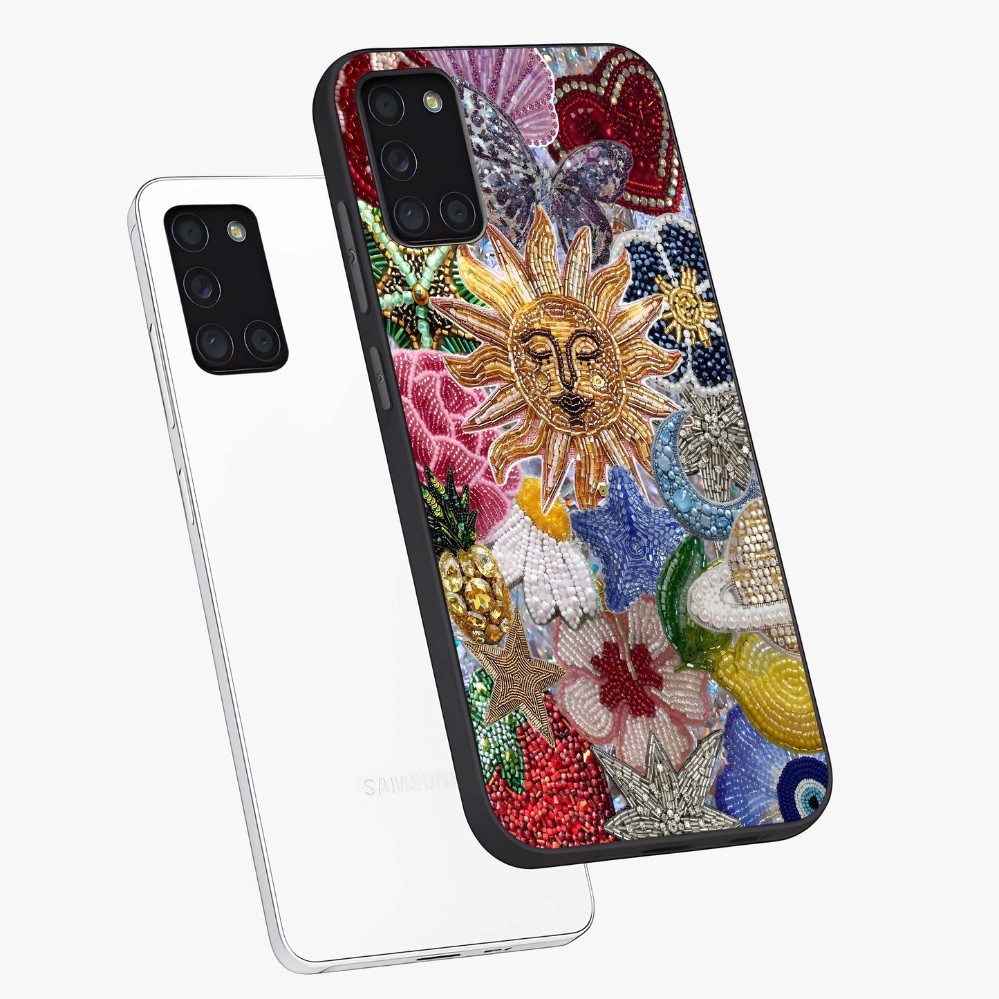 Celestial Floral and Playful Glass Case displayed in angled mockup highlighting playful floral design with dreamy celestial elements.