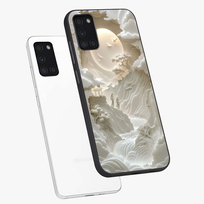 Celestial Origami Glass Case displayed in angled mockup highlighting geometric origami design with cosmic aesthetic theme.