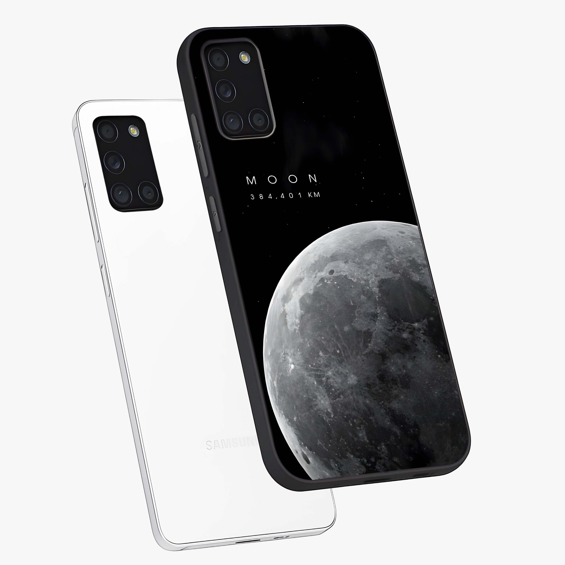 Cosmic Moon Glow Glass Case displayed in angled mockup highlighting celestial moon design with cosmic aesthetic theme.