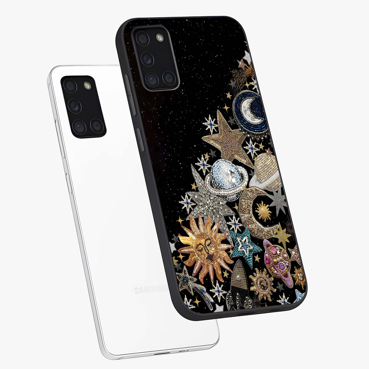Cosmic Sparkle Dreams Glass Case displayed in angled mockup highlighting dreamy star sparkle design with celestial aesthetic.