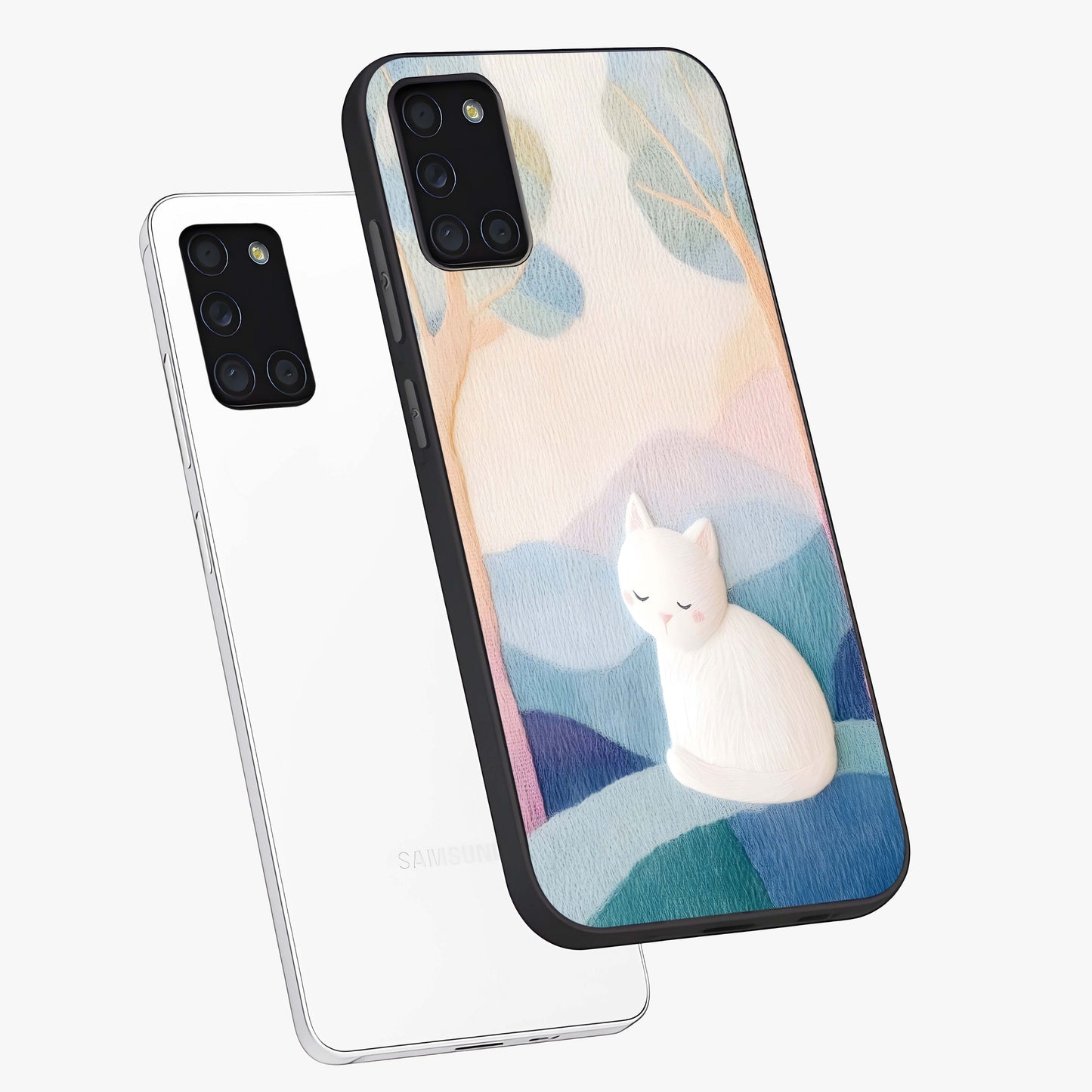 Cotton Dream Cat Glass Case displayed in angled mockup highlighting cute feline illustration with pastel aesthetic style.