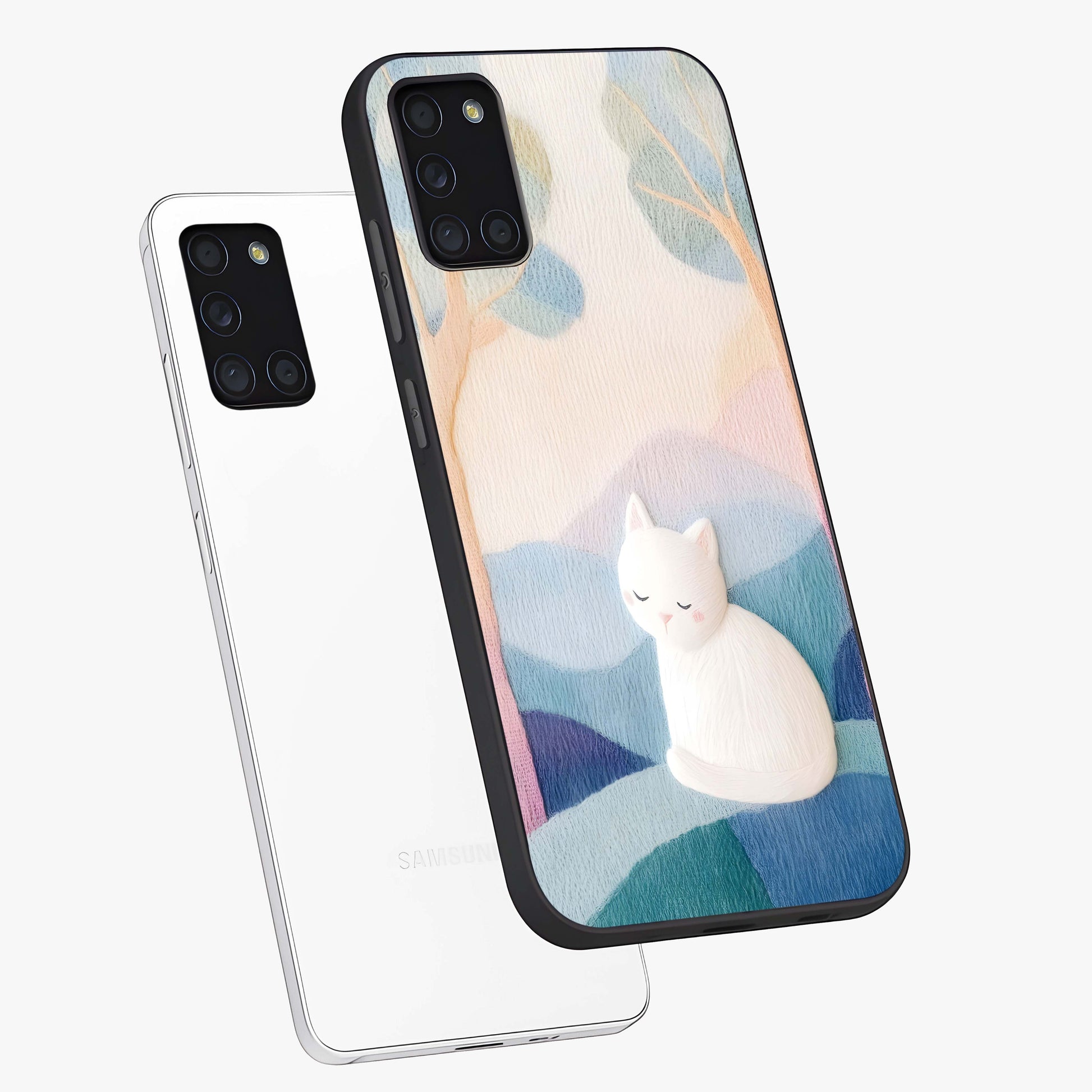Cotton Dream Cat Glass Case displayed in angled mockup highlighting cute feline illustration with pastel aesthetic style.