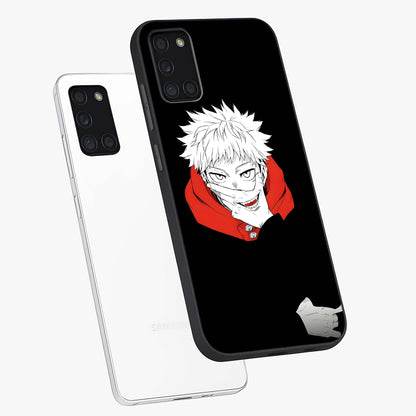 Crimson Chaos Smile Glass Case displayed in angled mockup highlighting edgy crimson smile design with graphic aesthetic.