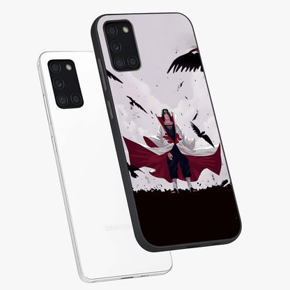 Crimson Crow Ascension Glass Case displayed in angled mockup highlighting powerful crow illustration with dark crimson aesthetic.
