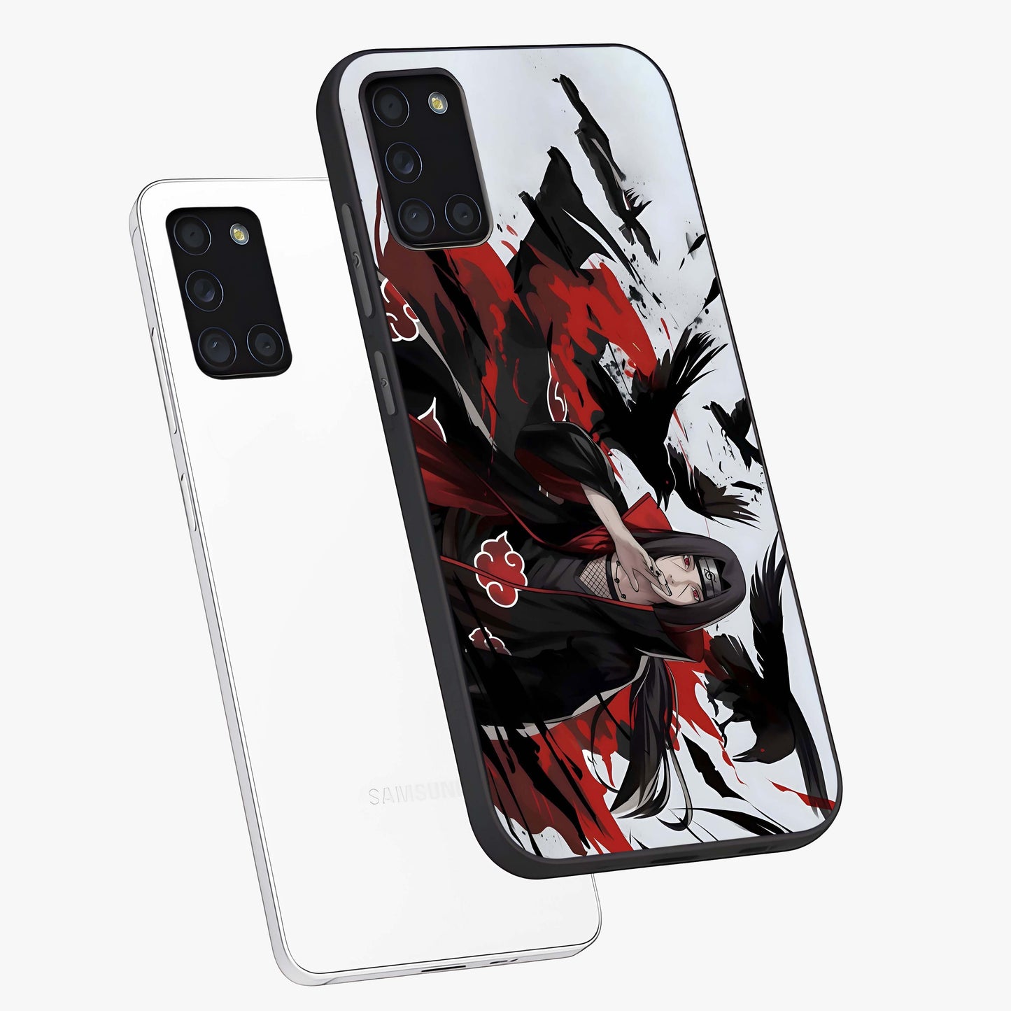Crimson Crow Illusion Glass Case displayed in angled mockup highlighting mysterious crow graphic with dark aesthetic style.