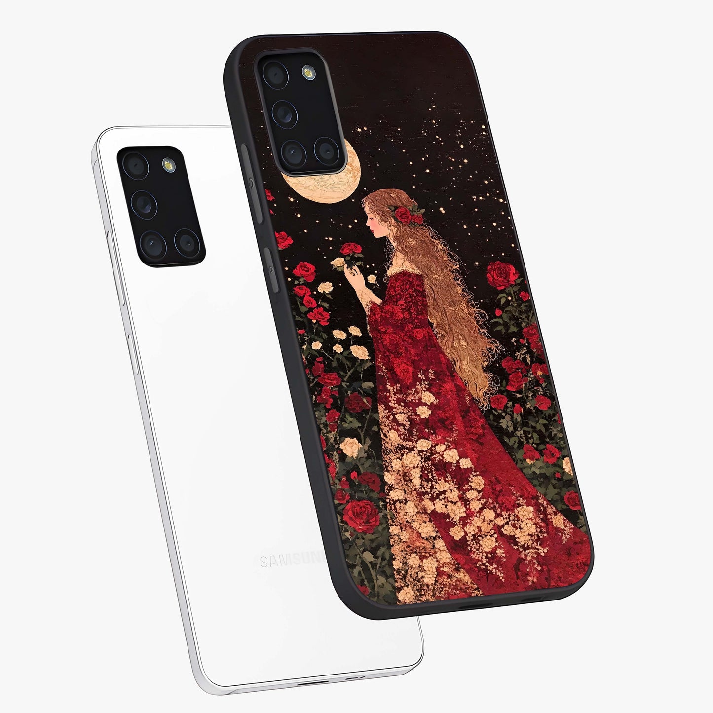 Crimson Dreams Glass Case displayed in angled mockup highlighting soft crimson aesthetic design with artistic theme.