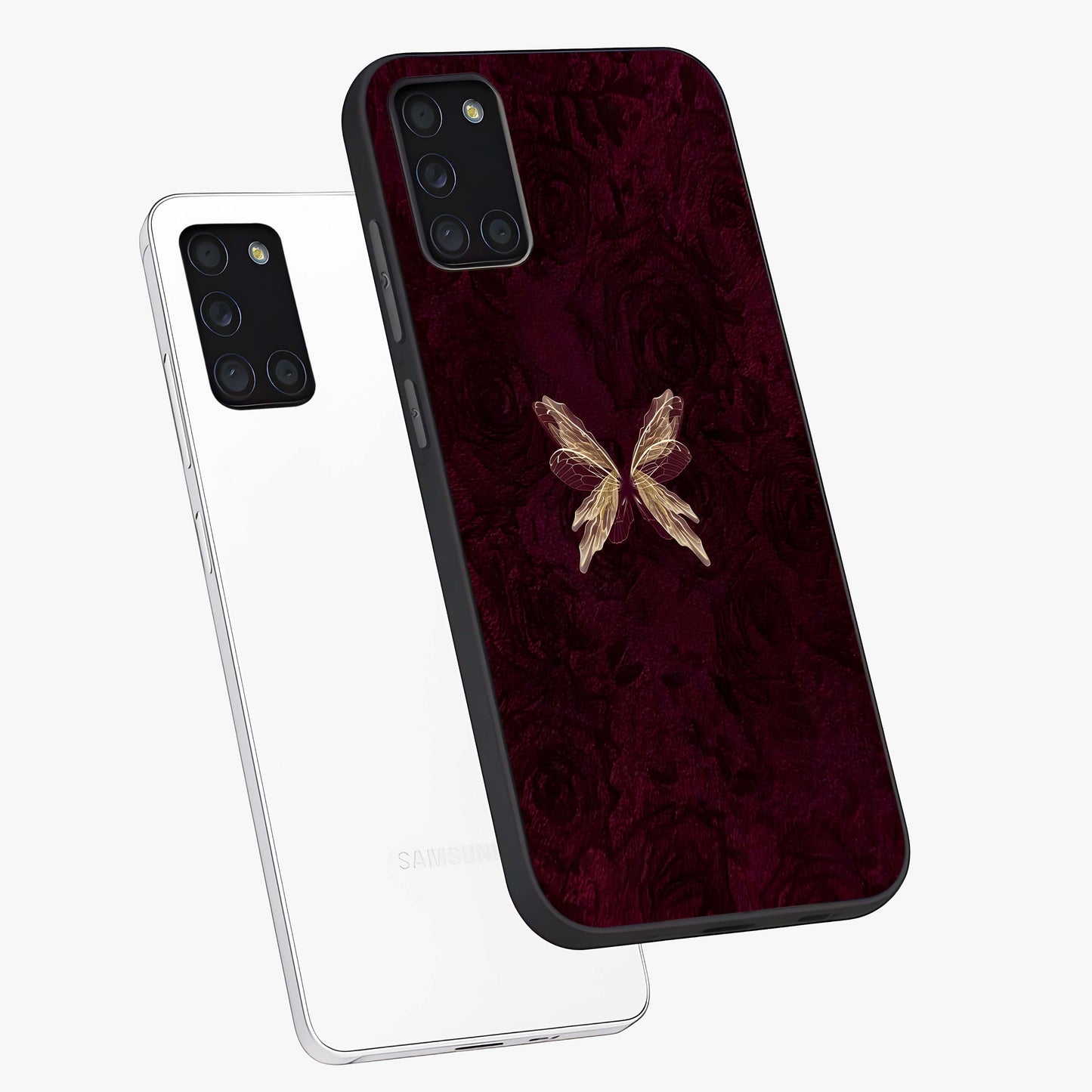 Crimson Fade Butterfly Glass Case displayed in angled mockup highlighting elegant butterfly design with crimson gradient aesthetic.