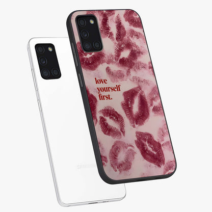 Crimson Kiss Love Glass Case displayed in angled mockup highlighting bold love inspired design with modern aesthetic style.