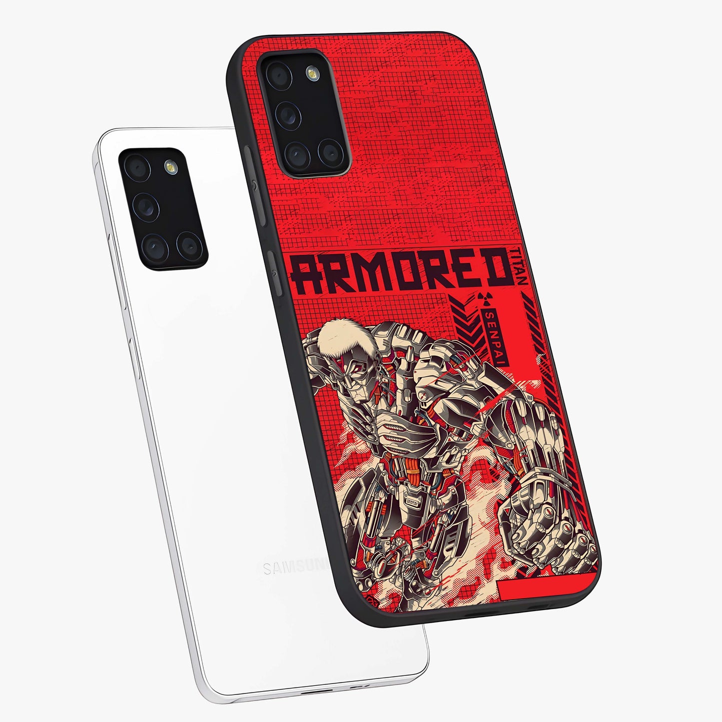 Crimson Mecha Titan Glass Case displayed in angled mockup highlighting futuristic mech illustration with bold crimson aesthetic.