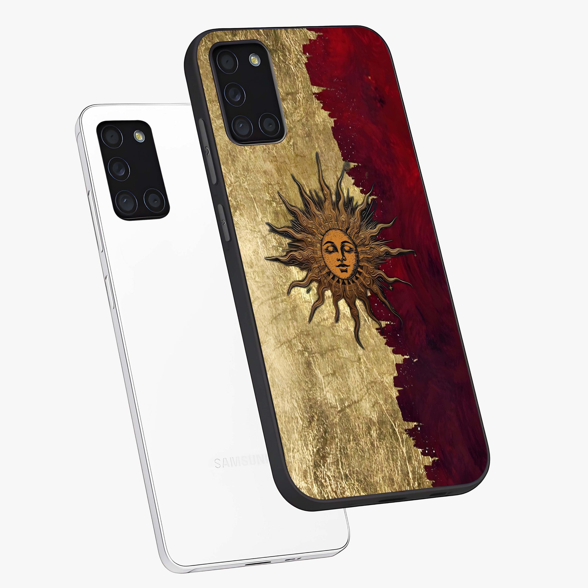 Crimson Sun Majesty Glass Case displayed in angled mockup highlighting majestic crimson sun design with bold aesthetic style.
