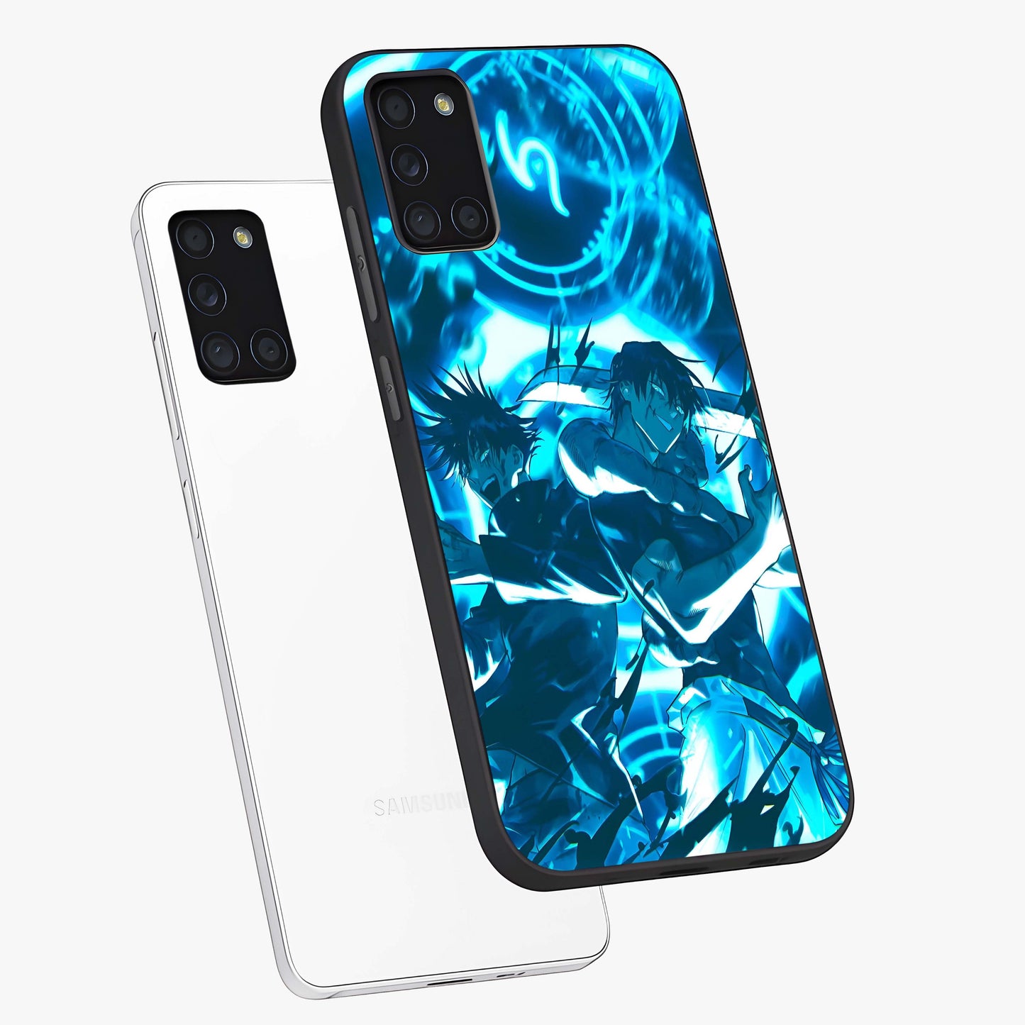 Cursed Energy Clash Glass Case displayed in angled mockup highlighting powerful battle inspired graphic with anime style aesthetic.