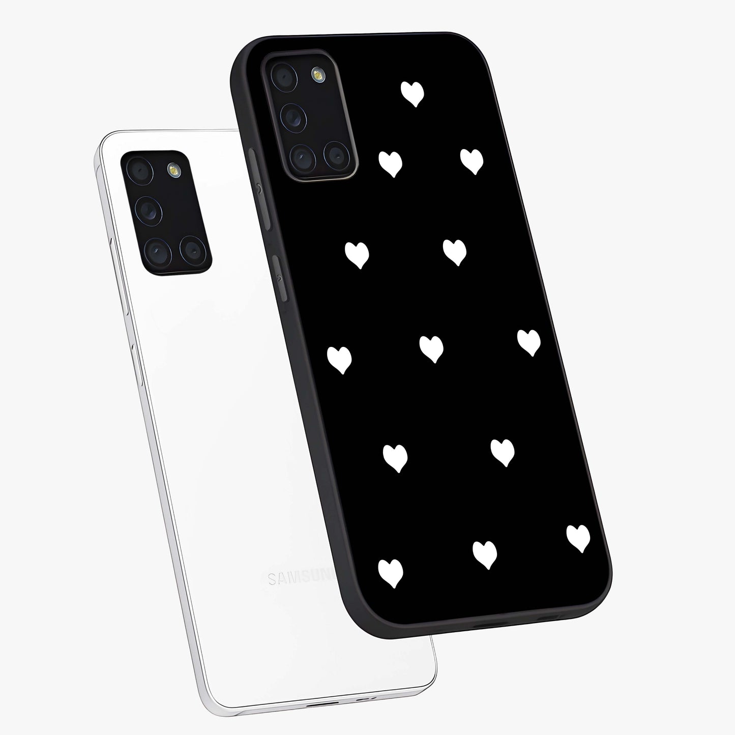 Cute And Simple White Hearts Glass Case displayed in angled mockup highlighting cute heart design with clean aesthetic style.