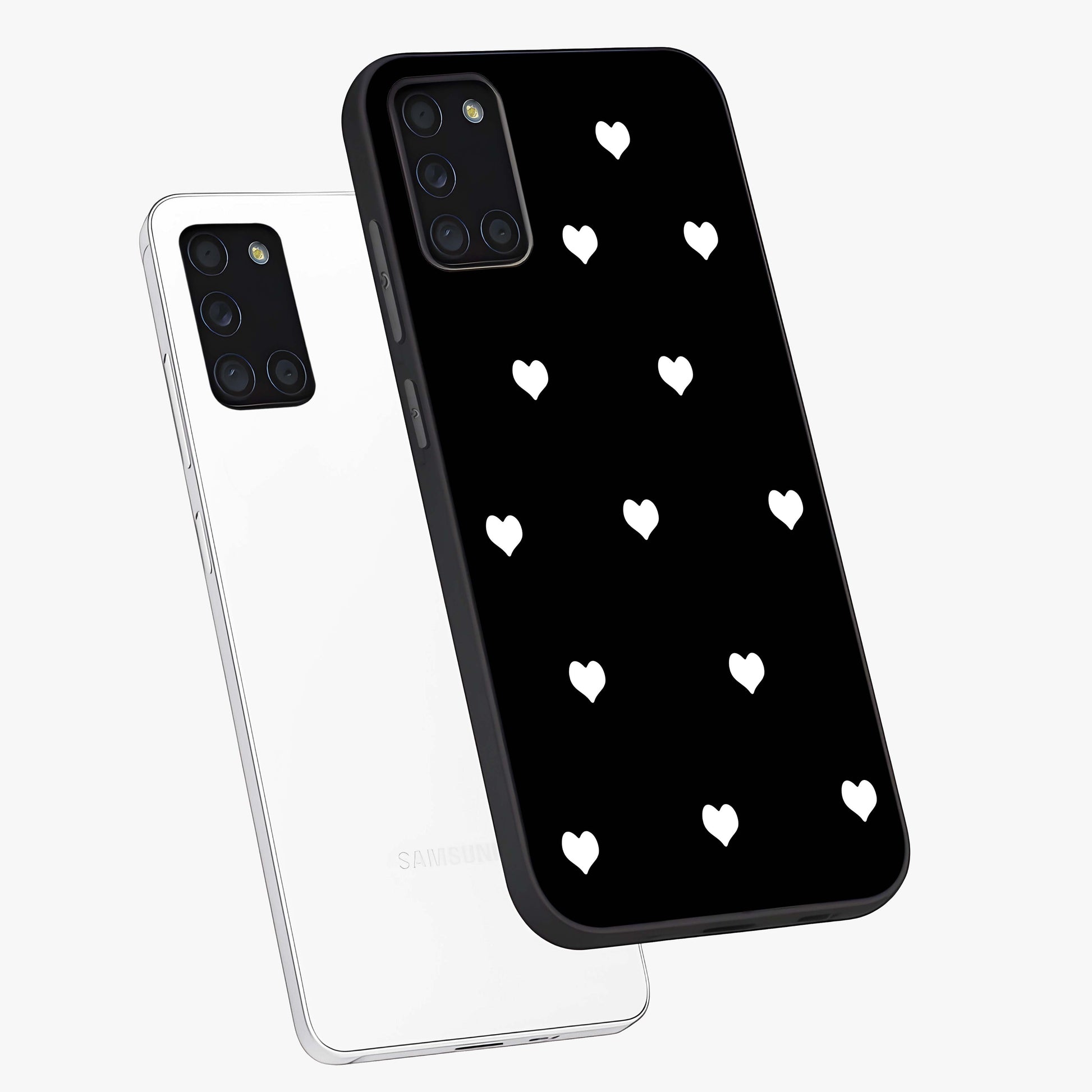 Cute And Simple White Hearts Glass Case displayed in angled mockup highlighting cute heart design with clean aesthetic style.
