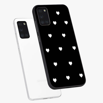 Cute And Simple White Hearts Glass Case displayed in angled mockup highlighting cute heart design with clean aesthetic style.