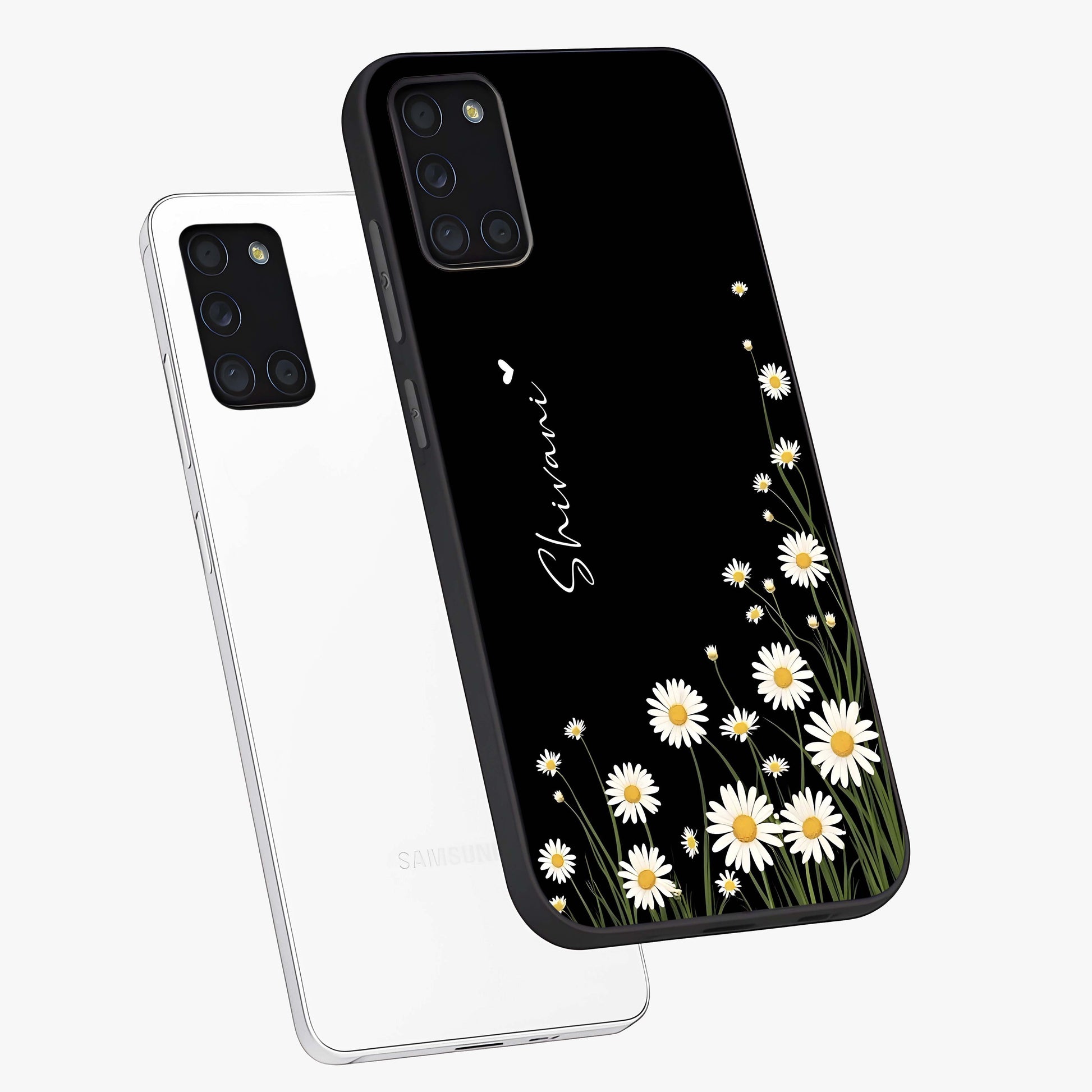 Daisy Cascade Custom Name Glass Case displayed in angled mockup highlighting delicate daisy artwork with custom name feature.