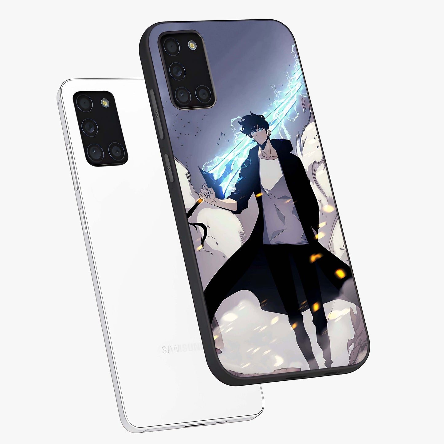 Dark Lightning Anime Warrior Glass Case displayed in angled mockup highlighting powerful lightning themed anime illustration.