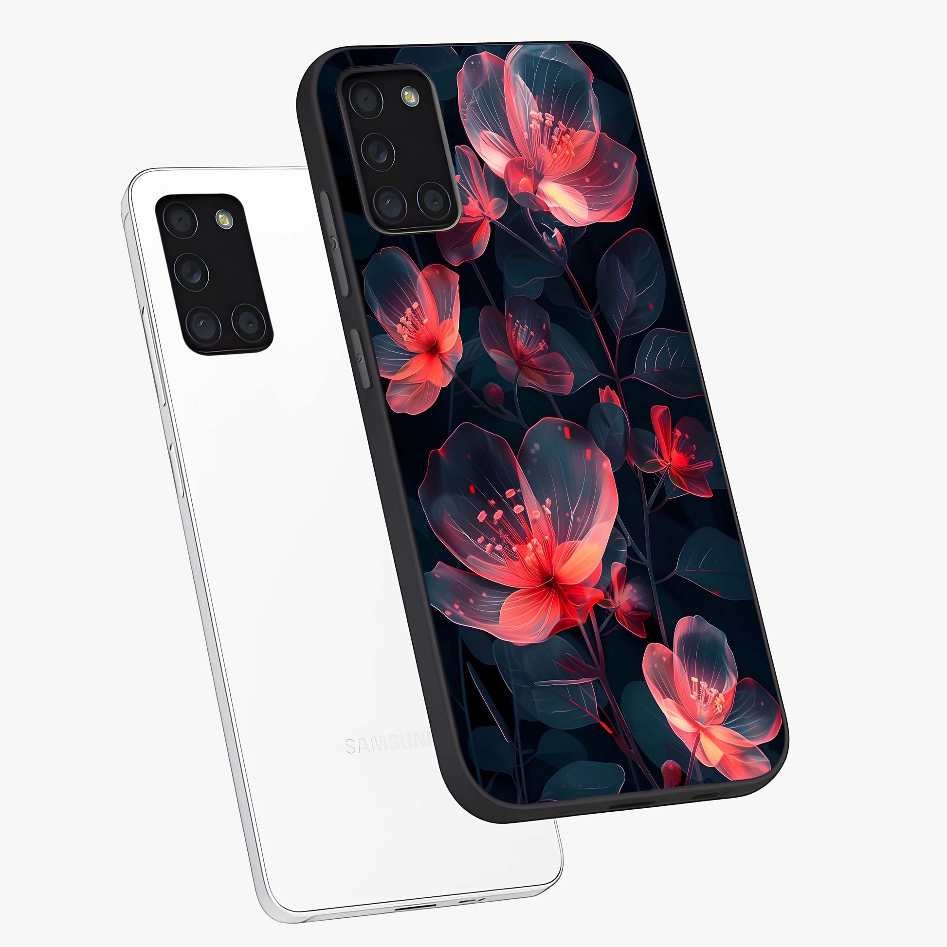 Dark Shade of Flower Glass Case displayed in angled mockup highlighting moody floral illustration with aesthetic dark tones.