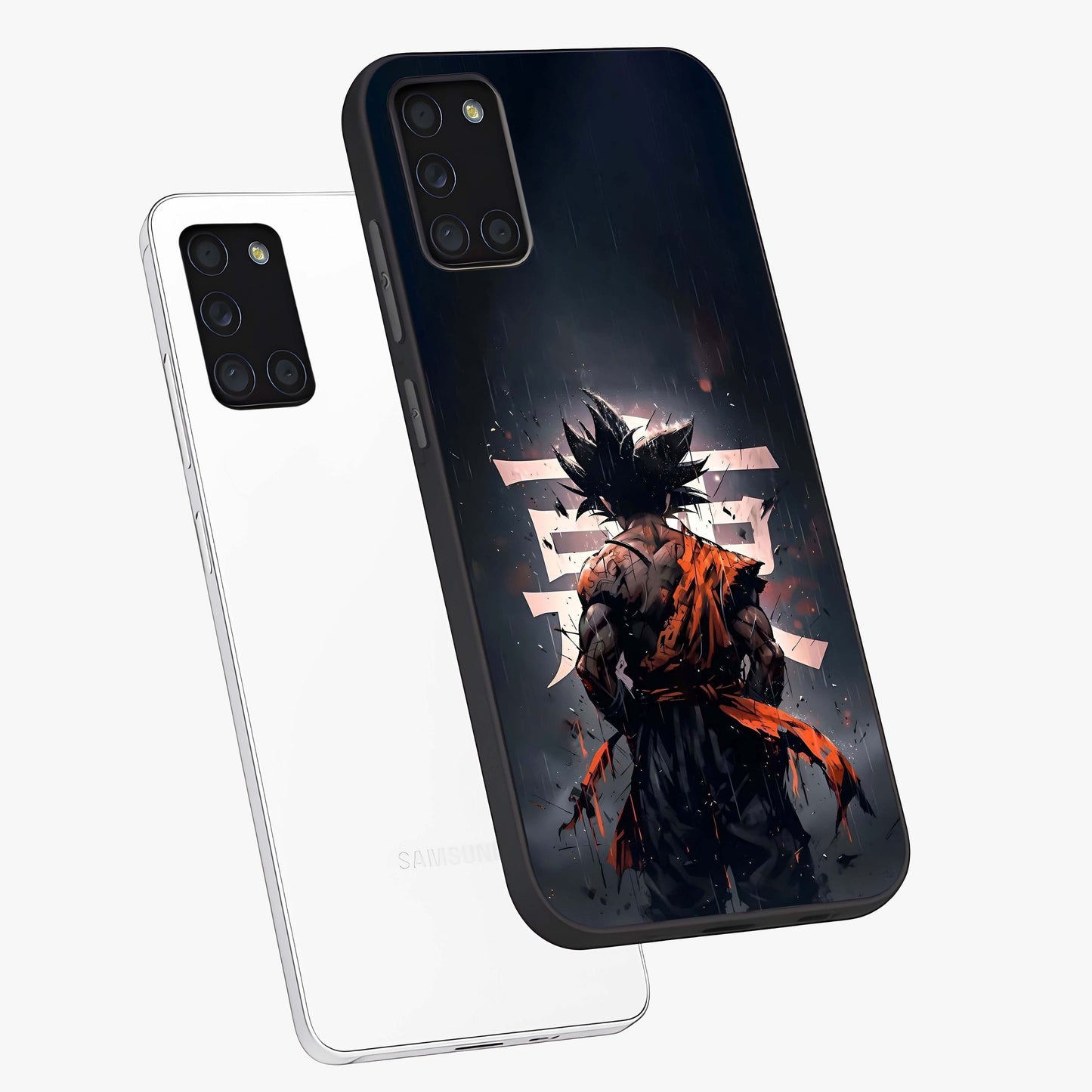 Dark Warrior In Rain Glass Case displayed in angled mockup highlighting dramatic warrior illustration with dark rain aesthetic.