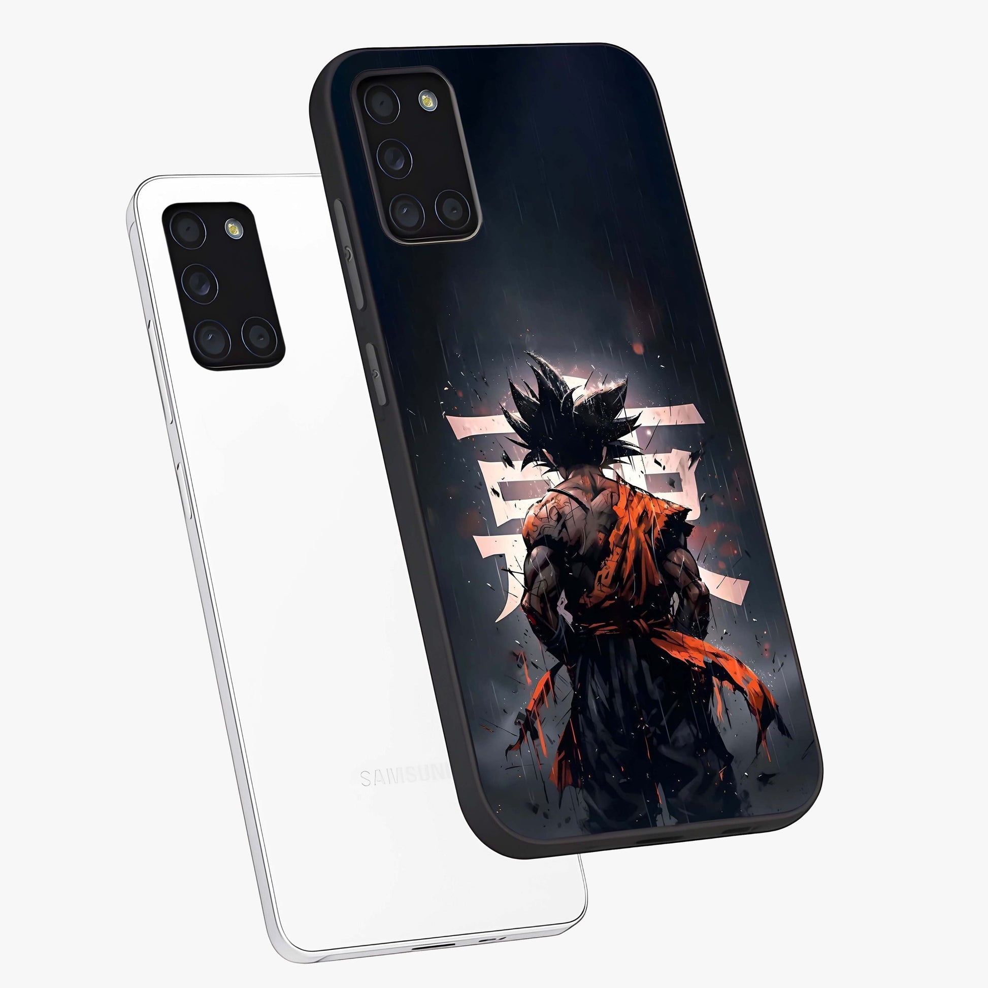 Dark Warrior In Rain Glass Case displayed in angled mockup highlighting dramatic warrior illustration with dark rain aesthetic.