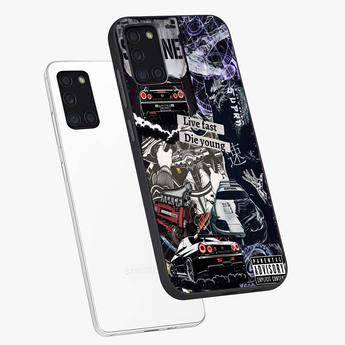 Die Young Glass Case displayed in angled mockup highlighting expressive graphic artwork with edgy aesthetic style.