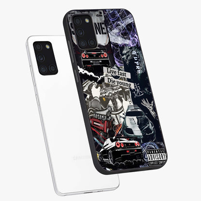 Die Young Glass Case displayed in angled mockup highlighting expressive graphic artwork with edgy aesthetic style.