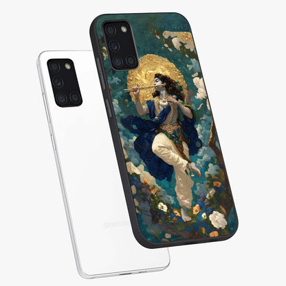 Divine Krishna Art Glass Case displayed in angled mockup highlighting spiritual Krishna illustration with devotional aesthetic.