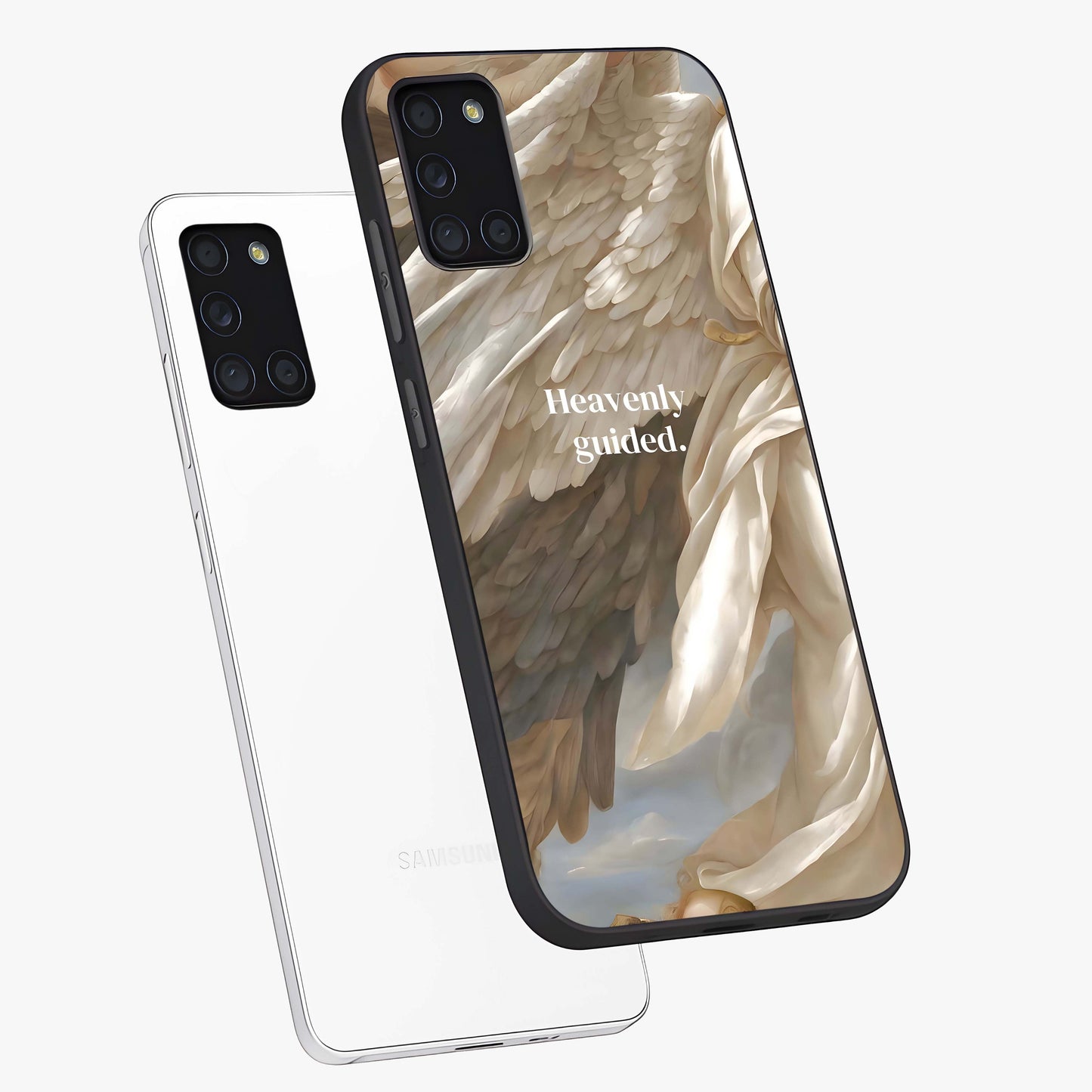 Divine Winged Grace Glass Case displayed in angled mockup highlighting graceful wing design with divine aesthetic style.