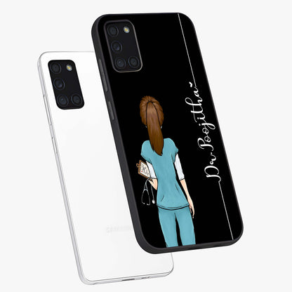 Doctor Pattern Custom Name Glass Case displayed in angled mockup highlighting doctor inspired artwork with custom name feature.