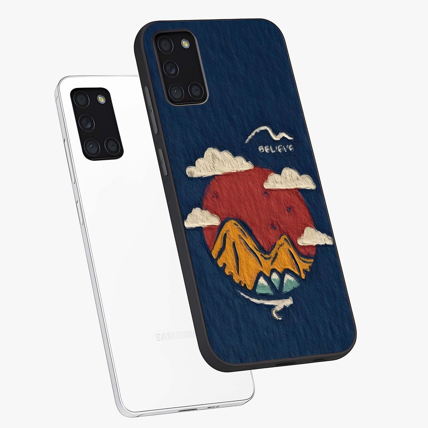 Dream Beyond Mountains Glass Case displayed in angled mockup highlighting dreamy mountain illustration with peaceful aesthetic.