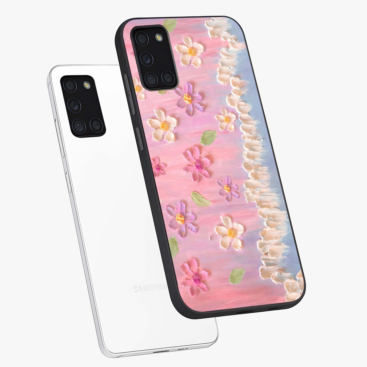 Dreamy Painted Garden Glass Case displayed in angled mockup highlighting colorful garden illustration with dreamy aesthetic style.