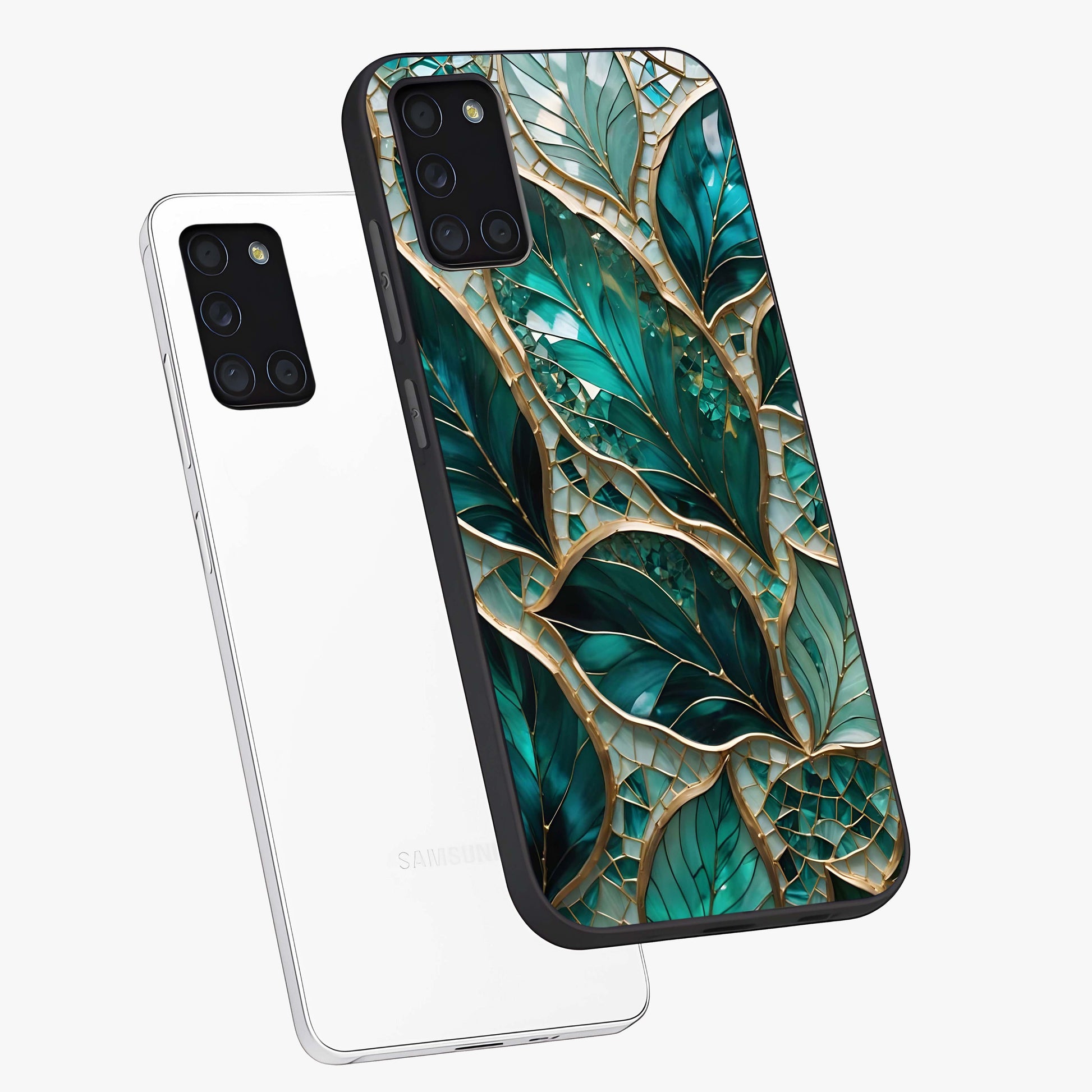 Emerald Leaf Glass Glass Case displayed in angled mockup highlighting botanical leaf illustration with elegant natural aesthetic.