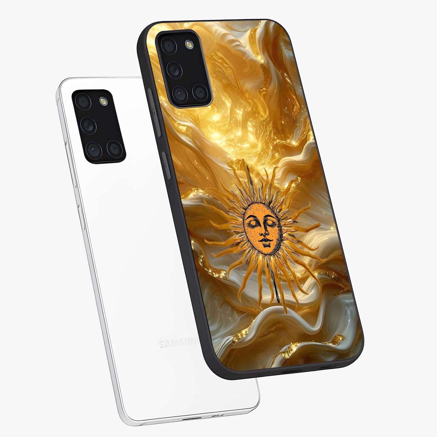Eternal Golden Glow Glass Case displayed in angled mockup highlighting glowing golden aesthetic design with elegant style.