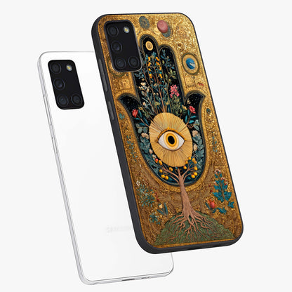 Ethereal Evil Eye Glass Case displayed in angled mockup highlighting protective evil eye symbol with spiritual aesthetic design.