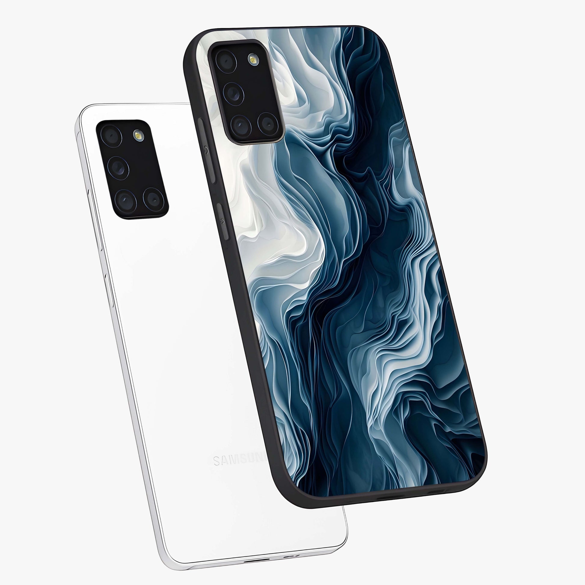 Ethereal Paper Marble Glass Case displayed in angled mockup highlighting elegant marble pattern with modern aesthetic style.