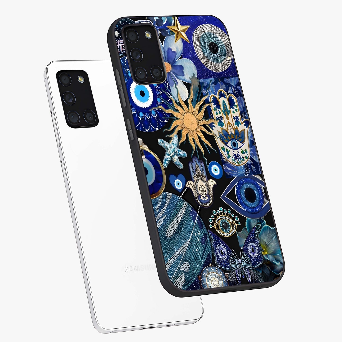 Evil Eye Charm Mix Glass Case displayed in angled mockup highlighting protective evil eye symbols with spiritual aesthetic design.