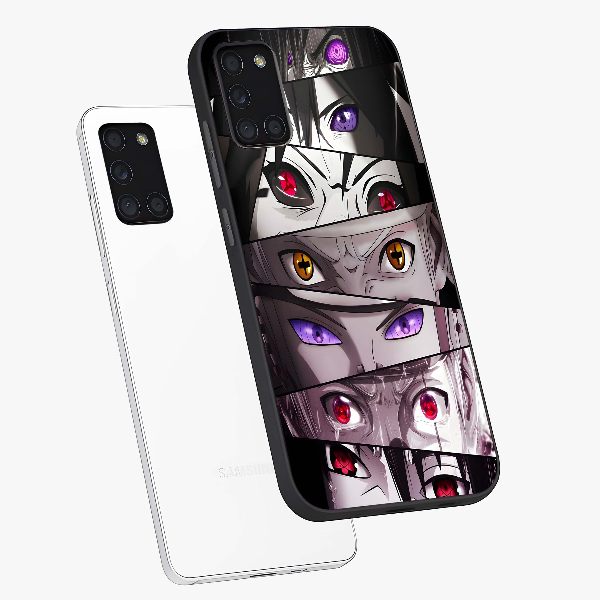 Eyes of Destiny Glass Case displayed in angled mockup highlighting bold eye illustration with mystical aesthetic style.