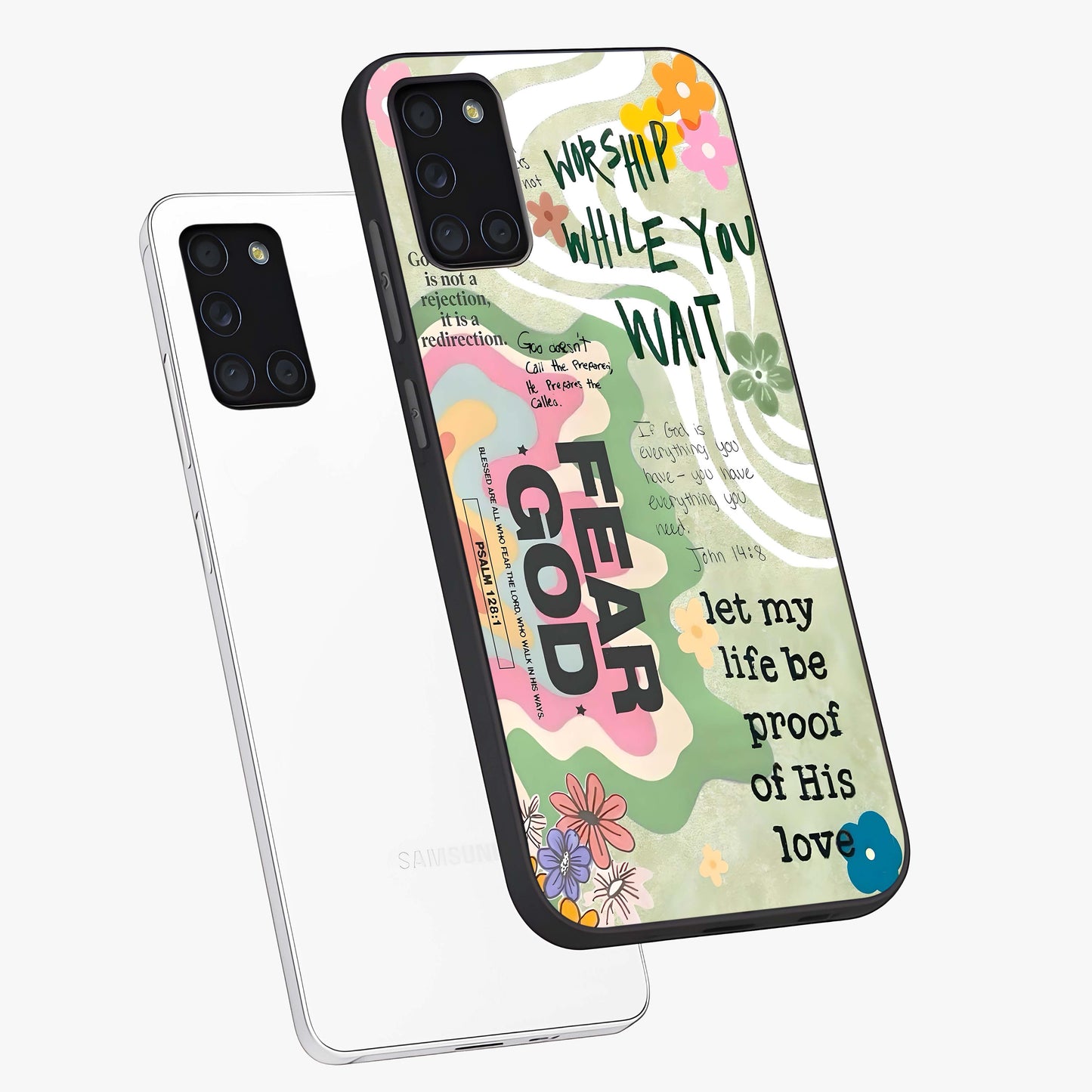 Faith Over Fear Glass Case displayed in angled mockup highlighting inspirational message design with modern aesthetic style.