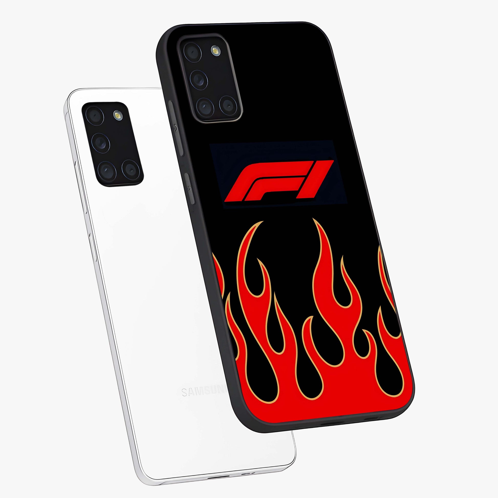 Fire F11 Glass Case displayed in angled mockup highlighting bold fire inspired graphic with energetic aesthetic style.