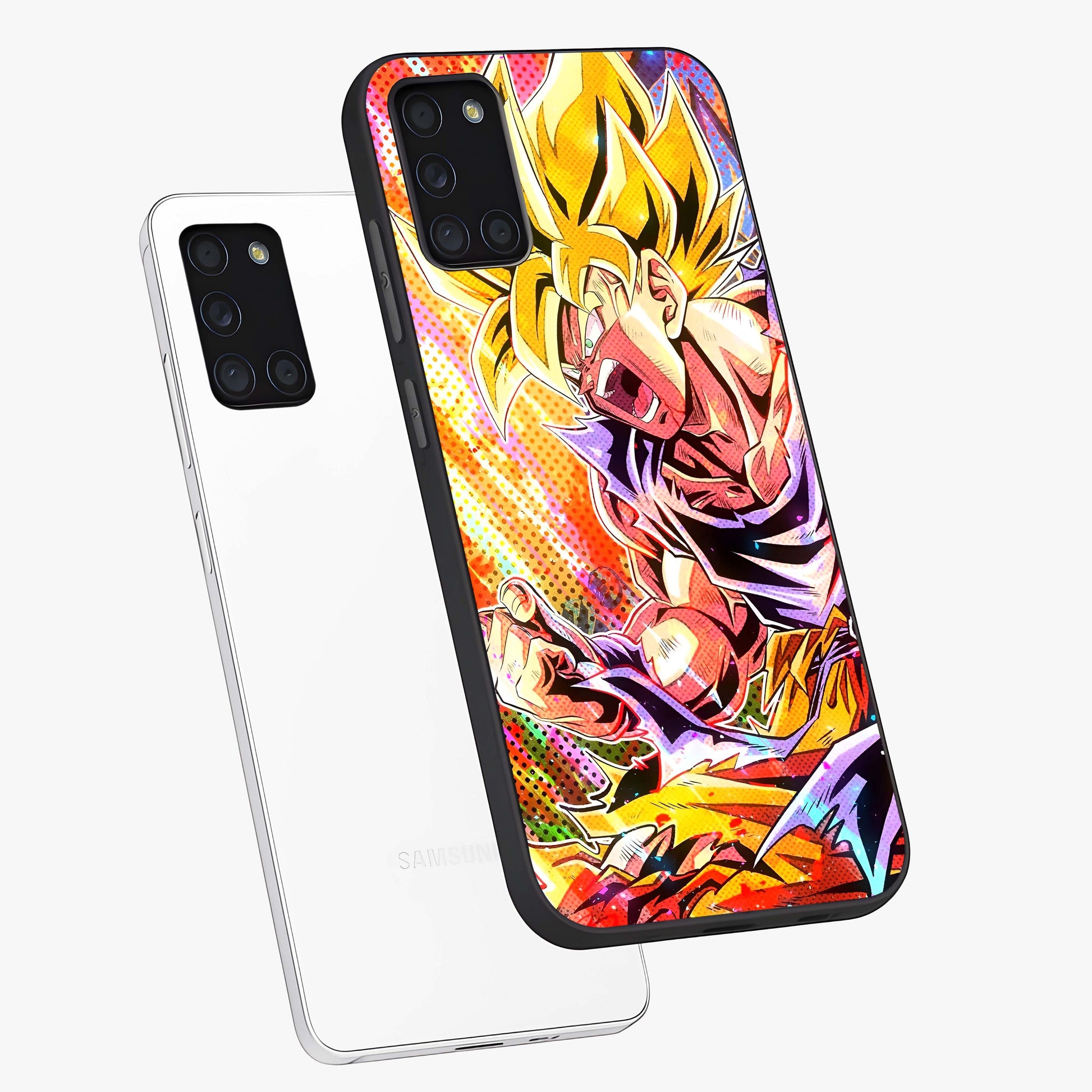 Firing Goku Glass Case displayed in angled mockup highlighting dynamic anime character design with action aesthetic.