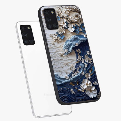Floral Wave Origami Glass Case displayed in angled mockup highlighting geometric origami flower design with modern aesthetic style.