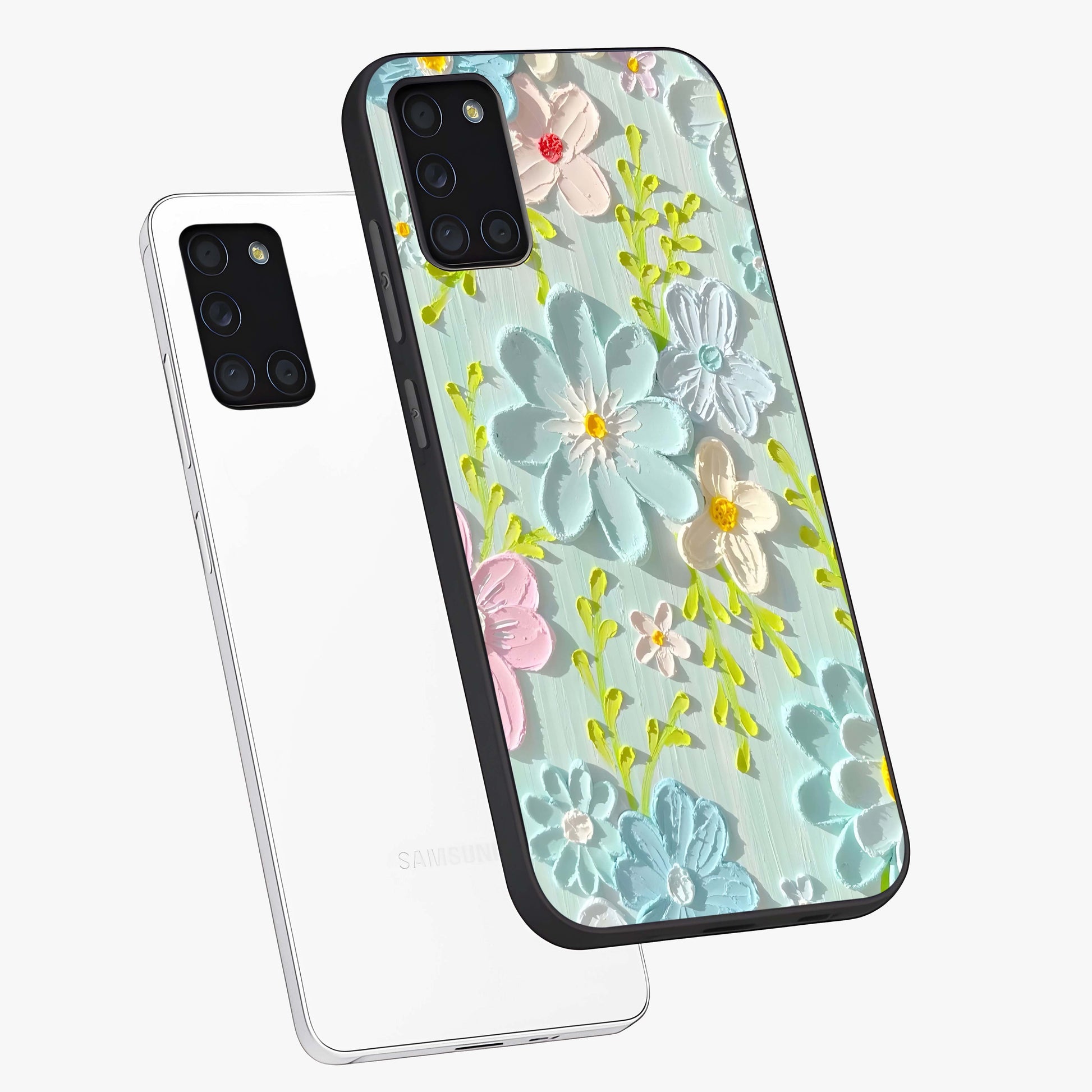 Frosted Petal Garden Glass Case displayed in angled mockup highlighting delicate flower petal design with calm garden aesthetic.