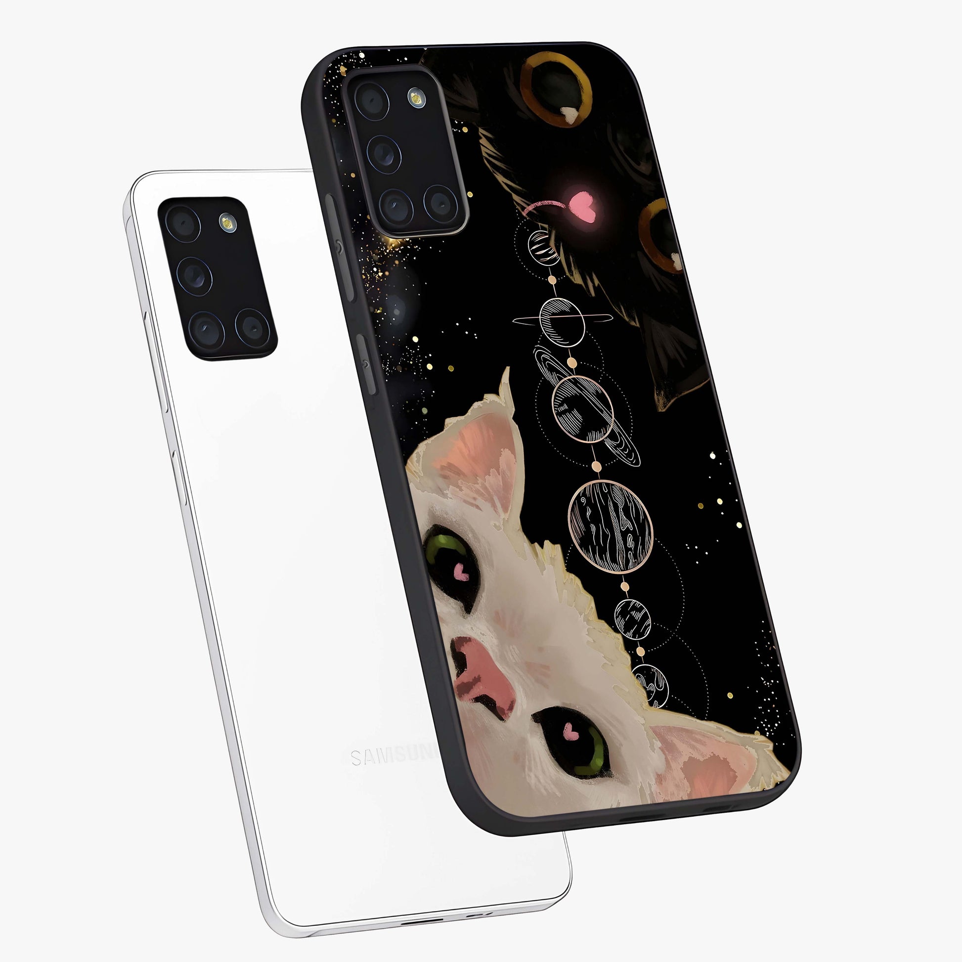 Galactic Cat Glass Case displayed in angled mockup highlighting celestial feline illustration with galaxy aesthetic style.