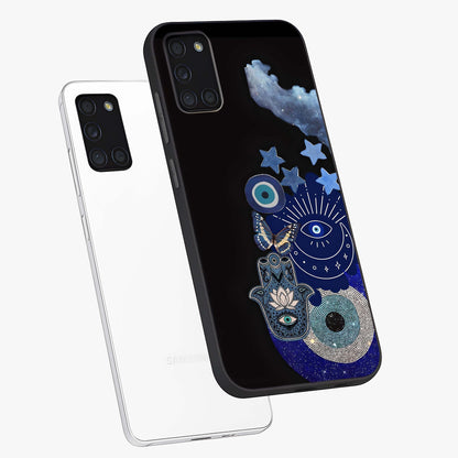Galactic Charm Cluster Glass Case displayed in angled mockup highlighting luminous galaxy inspired design with dreamy aesthetic.