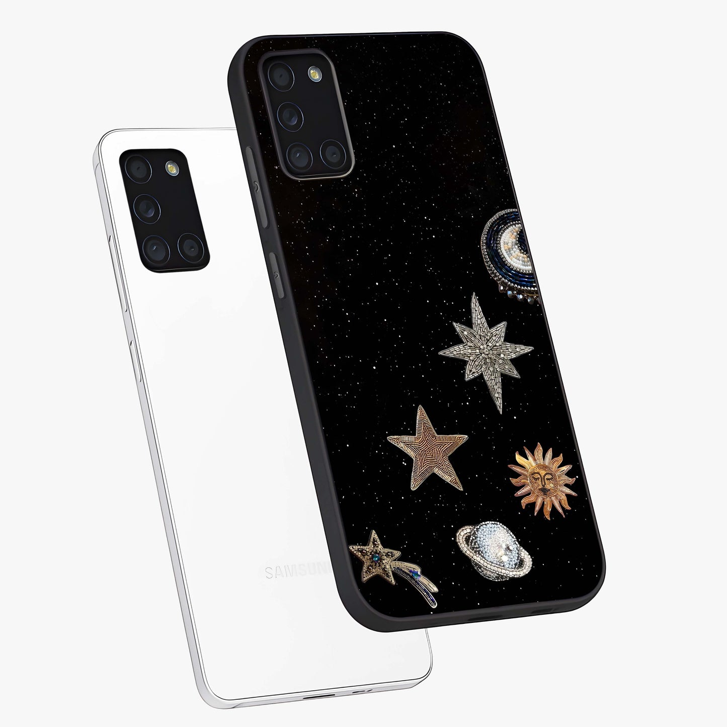 Galactic Charm Glow Glass Case displayed in angled mockup highlighting luminous galaxy inspired design with dreamy aesthetic.