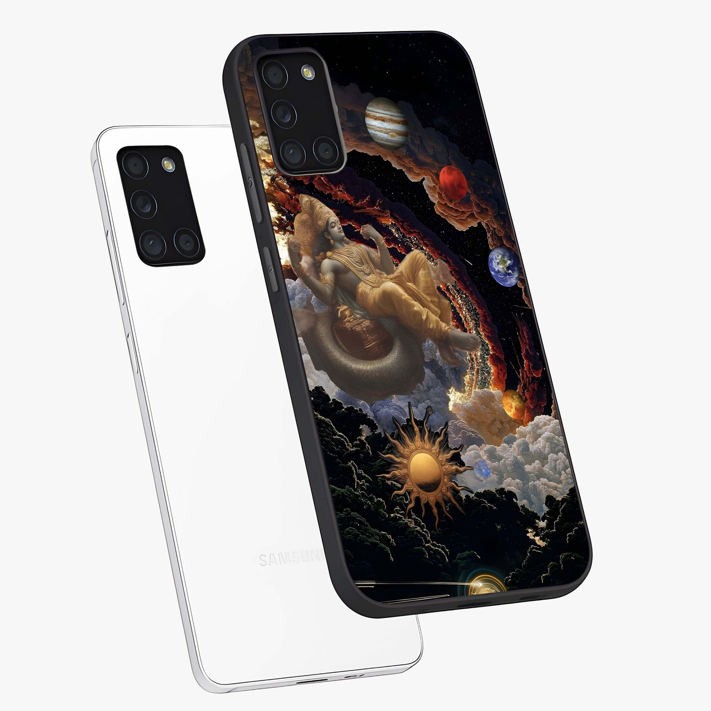Galactic Divine God Glass Case displayed in angled mockup highlighting powerful celestial deity illustration with galactic aesthetic.