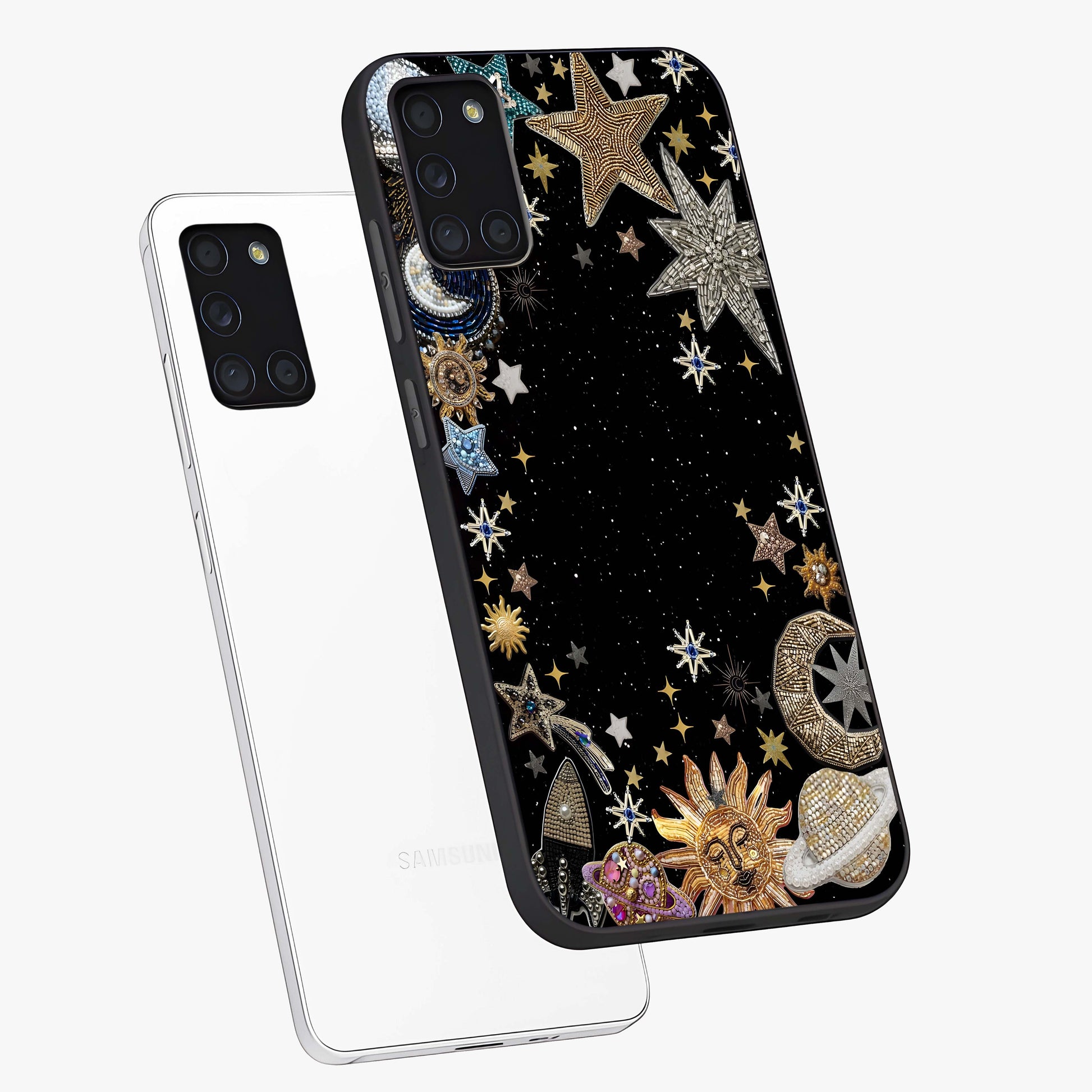Galactic Jewel Stars Glass Case displayed in angled mockup highlighting shining celestial star design with cosmic aesthetic style.