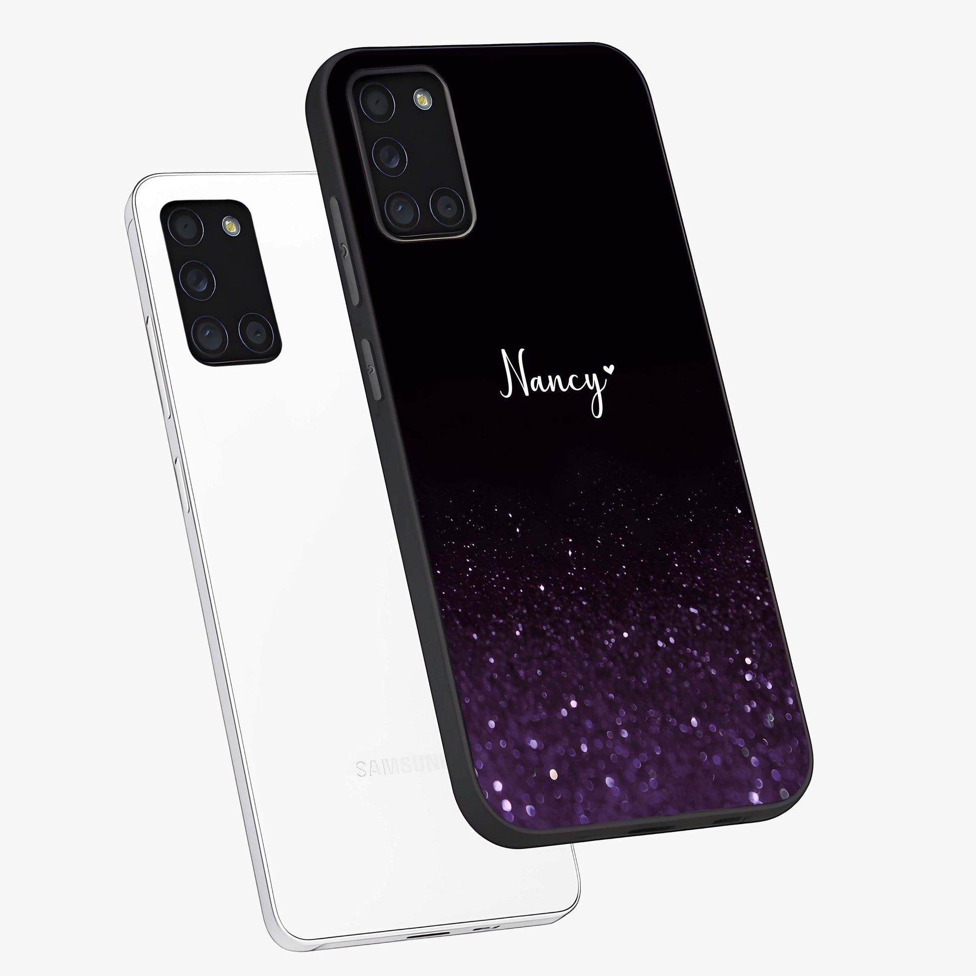 Glittery Purple Bokeh Custom Name Glass Case displayed in angled mockup highlighting glitter bokeh pattern with custom name feature.