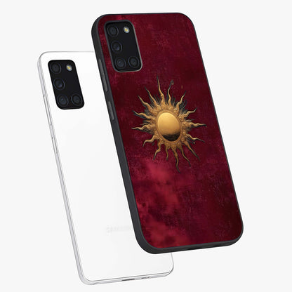 Golden Sun Minimalism Glass Case displayed in angled mockup highlighting clean sun symbol design with modern minimal aesthetic.