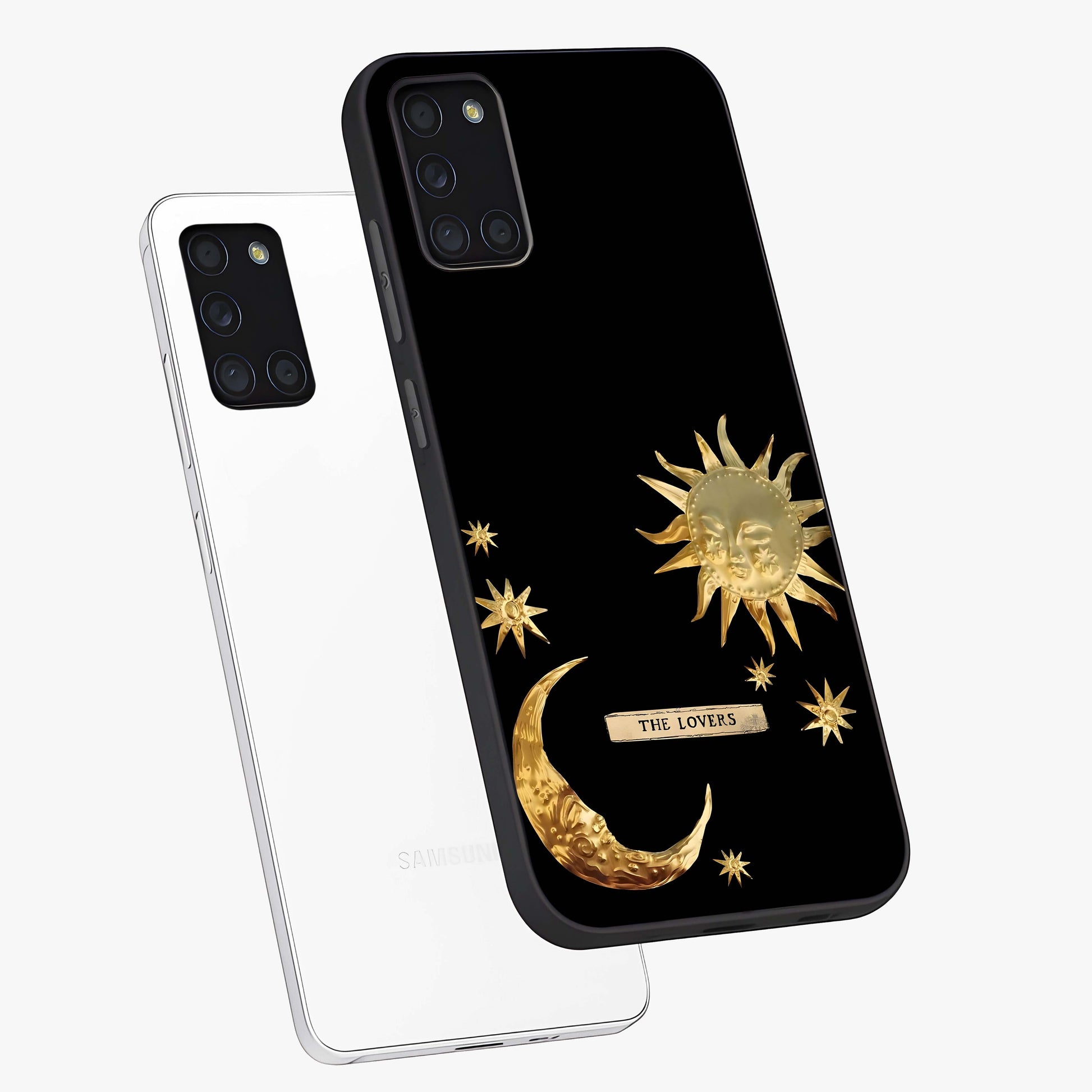 Gold Sun Blush Glass Case displayed in angled mockup highlighting radiant sun design with warm golden aesthetic.