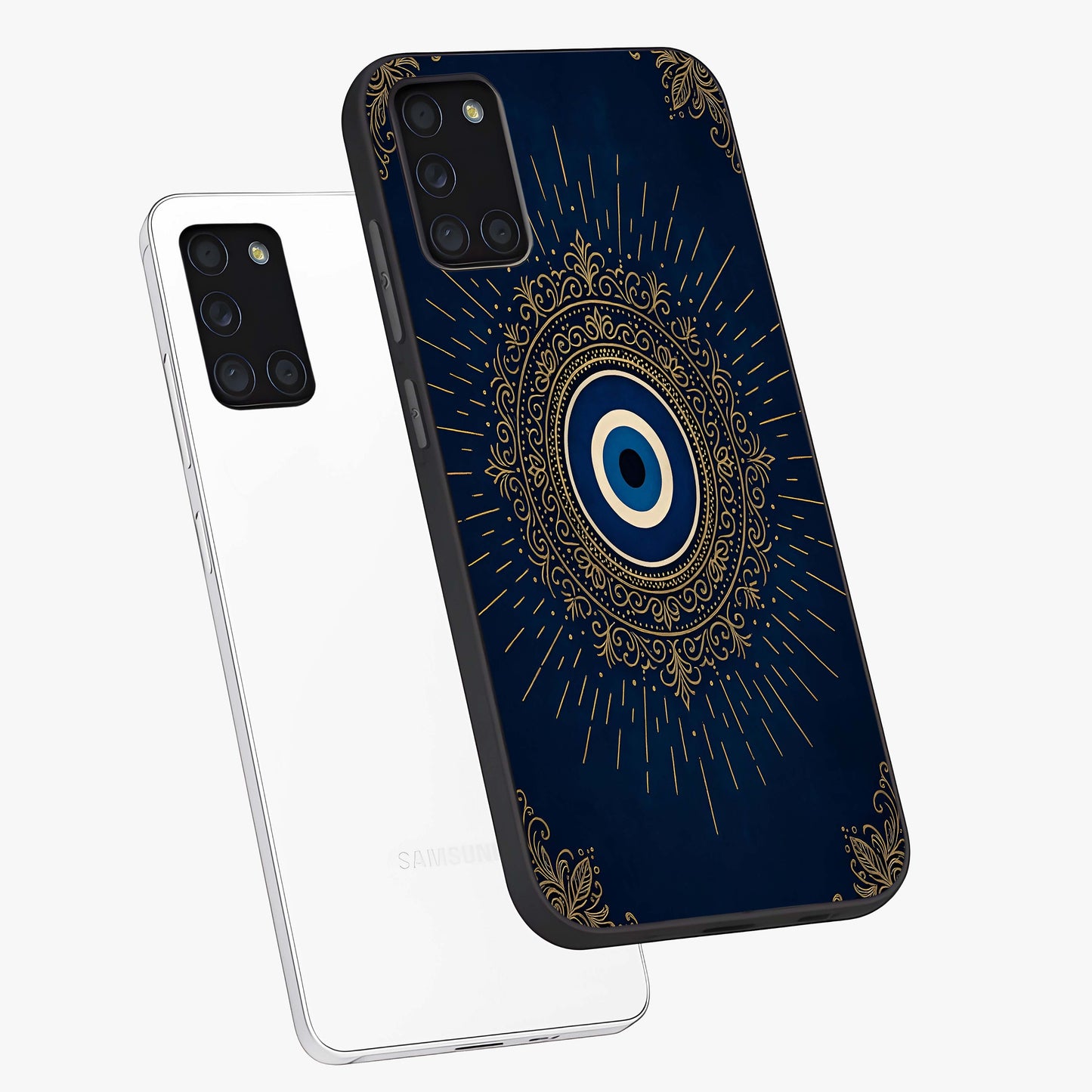 Golden Celestial Charm Glass Case displayed in angled mockup highlighting sparkling cosmic charm design with celestial aesthetic.